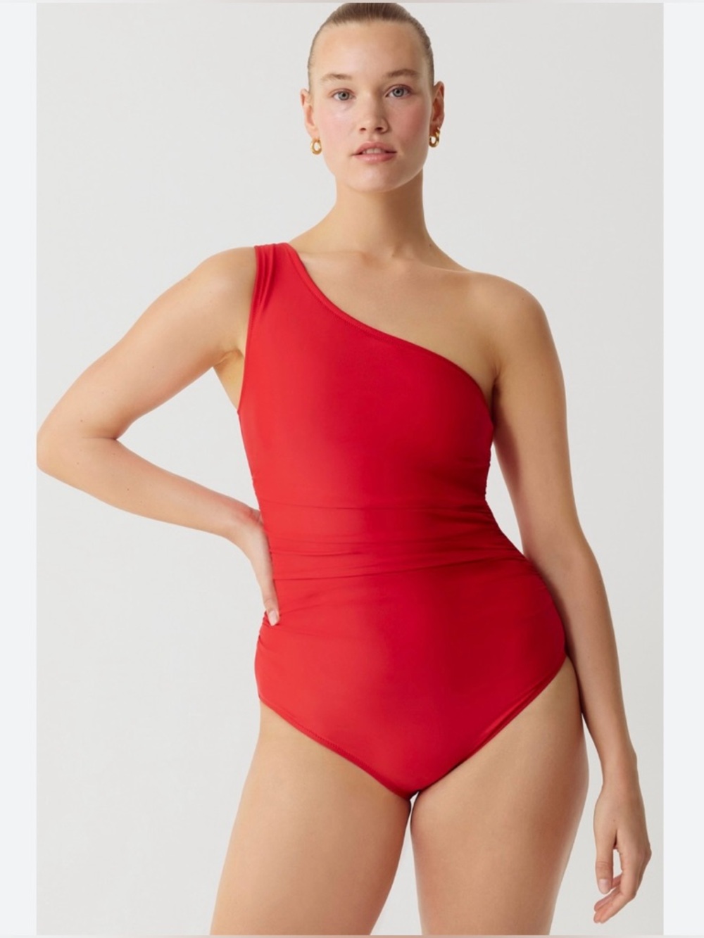 NWT J Crew size 18 red sleek ruched one shoulder one piece swimsuit beach plus